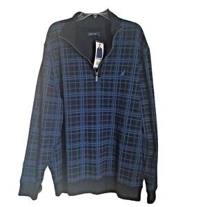 Nautica Mens Sweatshirt XXL Navy Blue Pullover 1/4 Zipper Mock Neck Plaid NWT